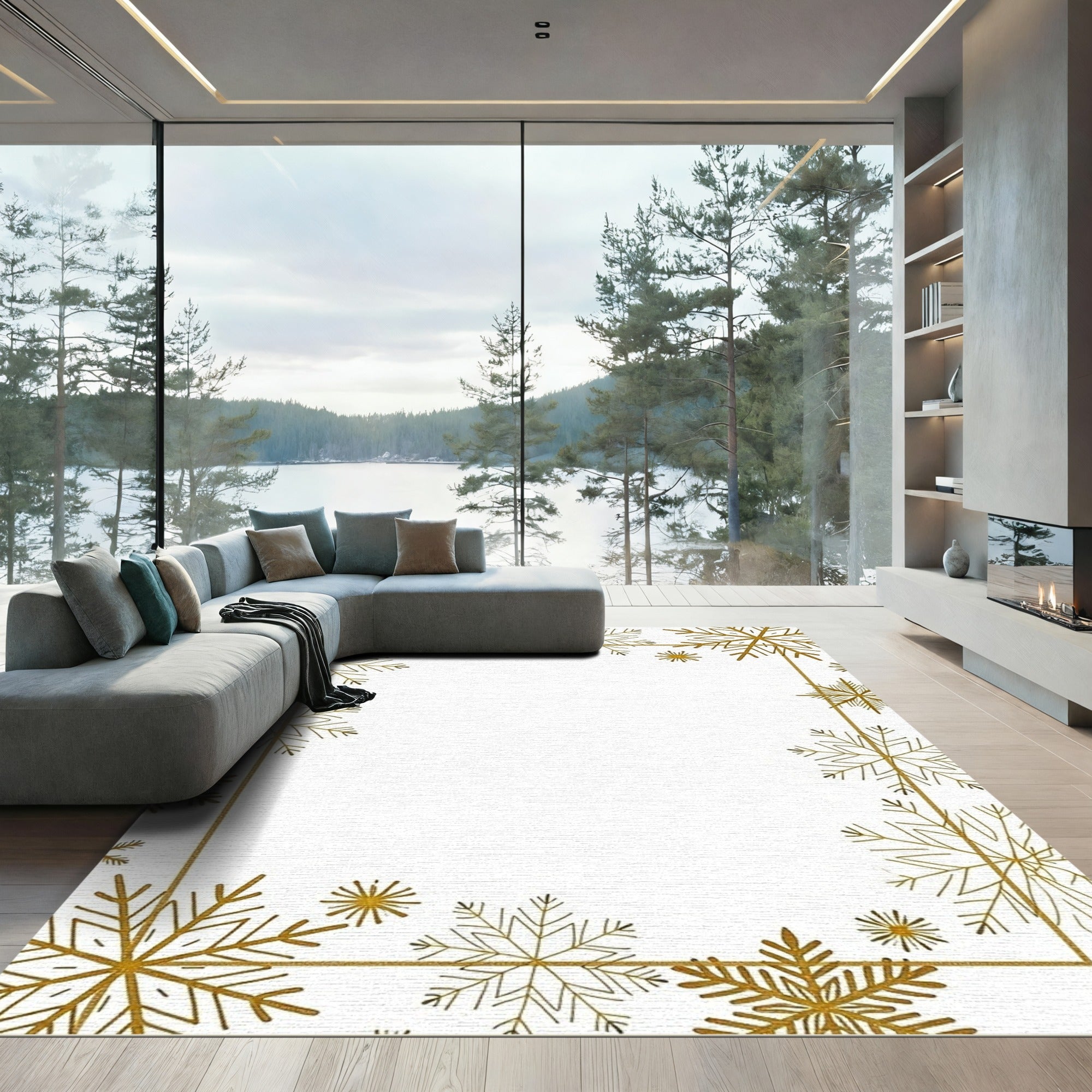Golden Snowflake Winter Border Rug