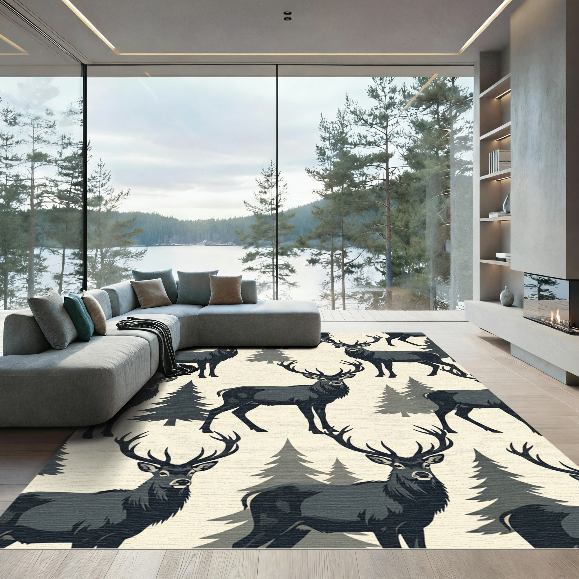 Rustic Charcoal Deer Forest Illustration Rug