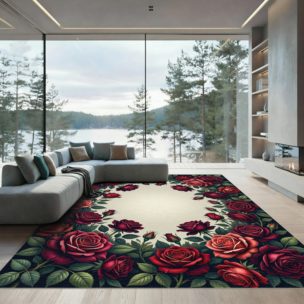 Romantic Crimson Rose Floral Bouquet Rug
