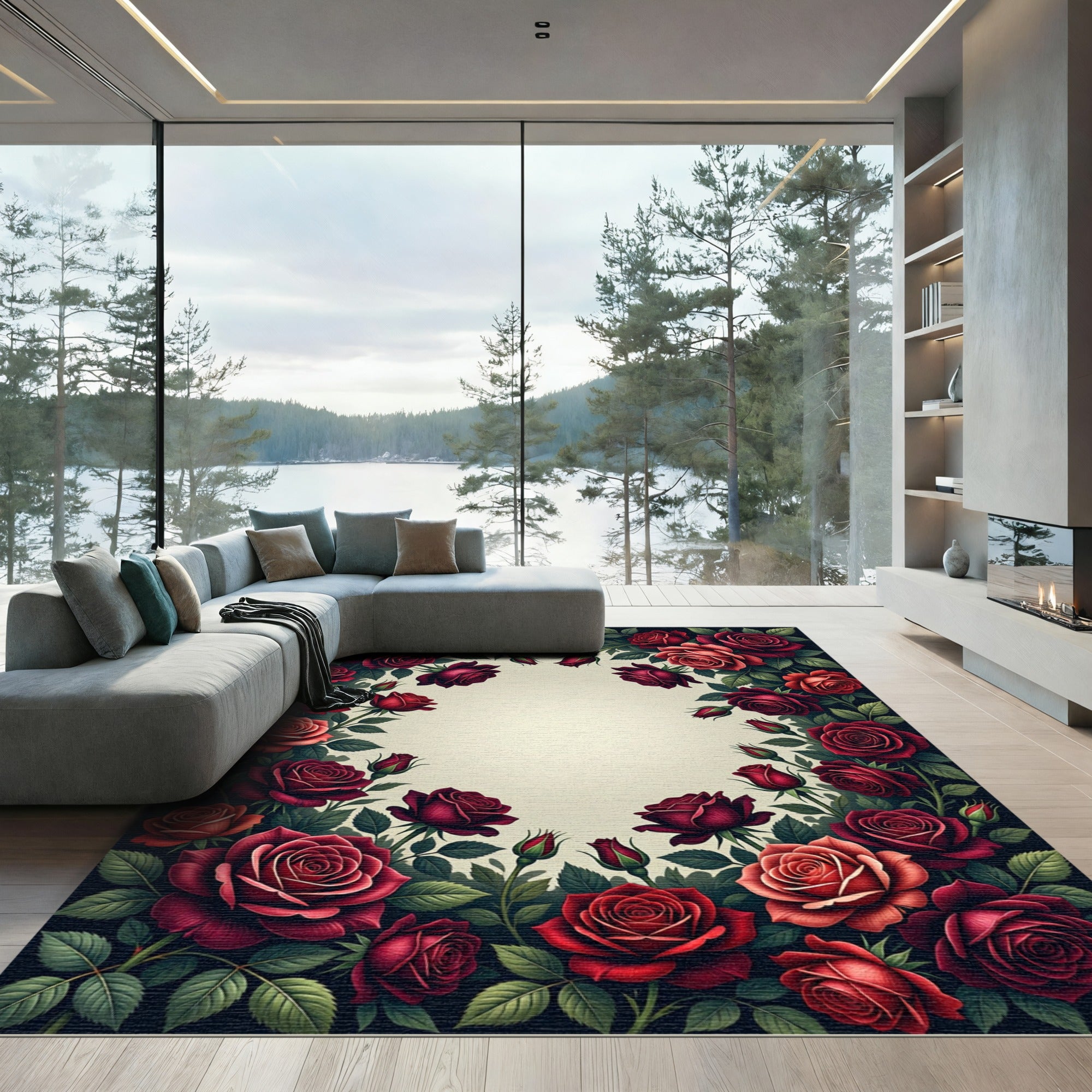 Romantic Crimson Rose Floral Bouquet Rug