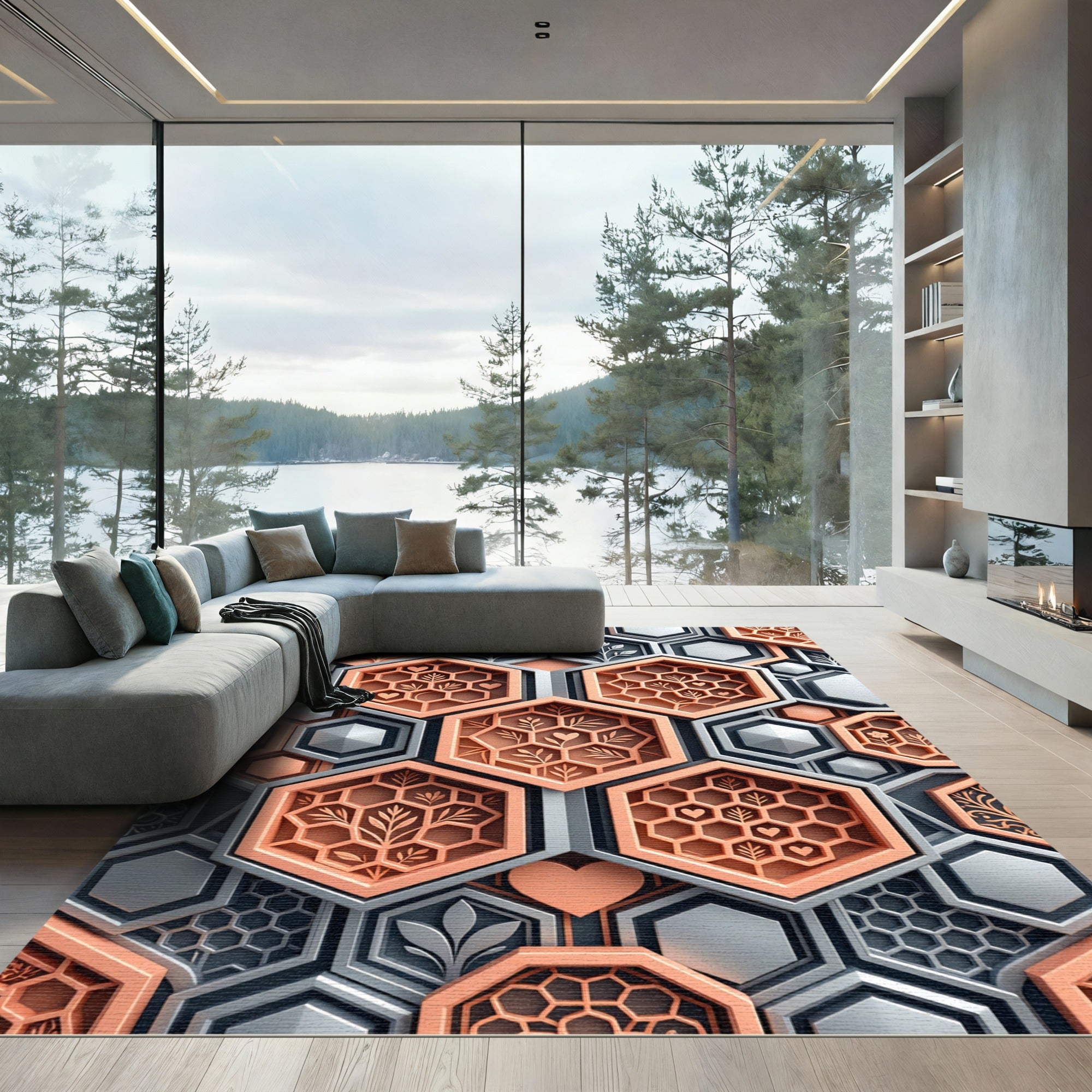 Metallic Copper Hexagonal Botanical Honeycomb Rug
