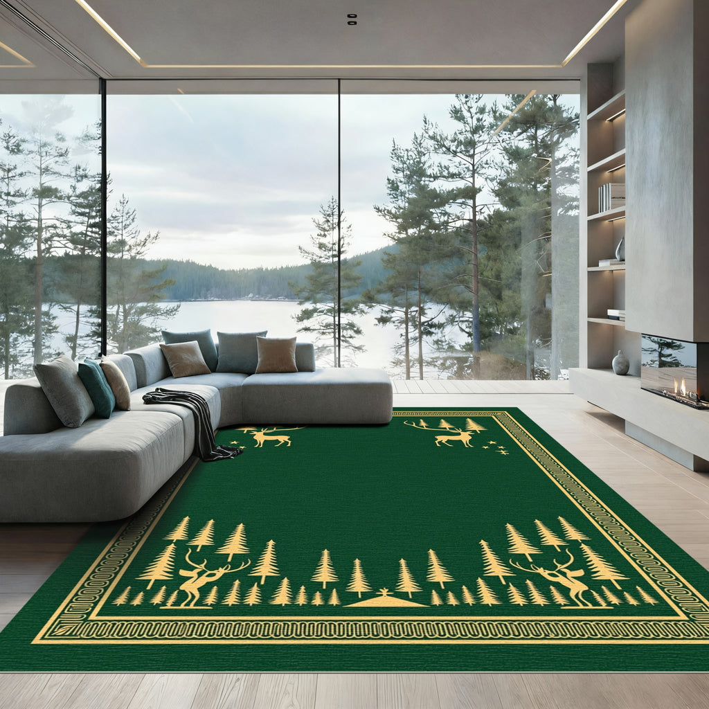 Golden Forest Deer Scenes Frame Rug