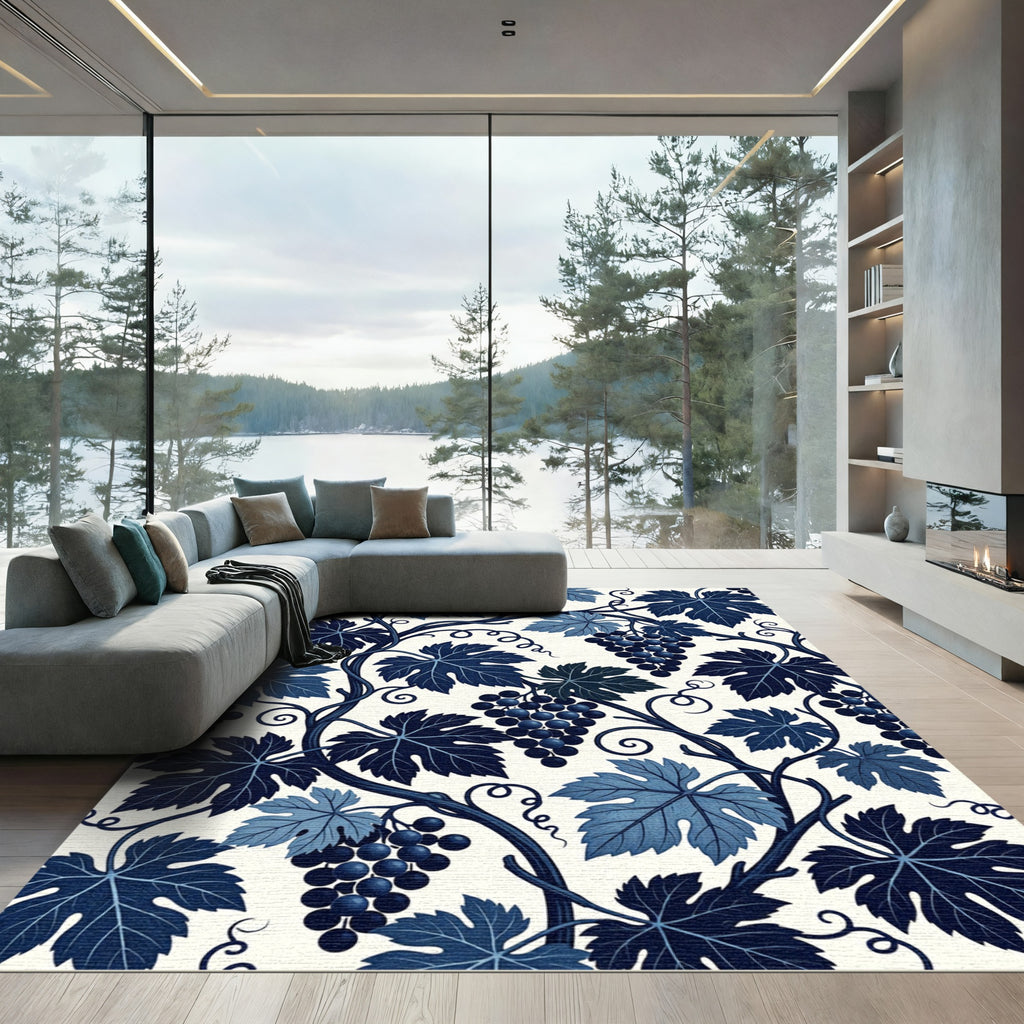 Deep Blue Grapevine Leaf Scroll Rug