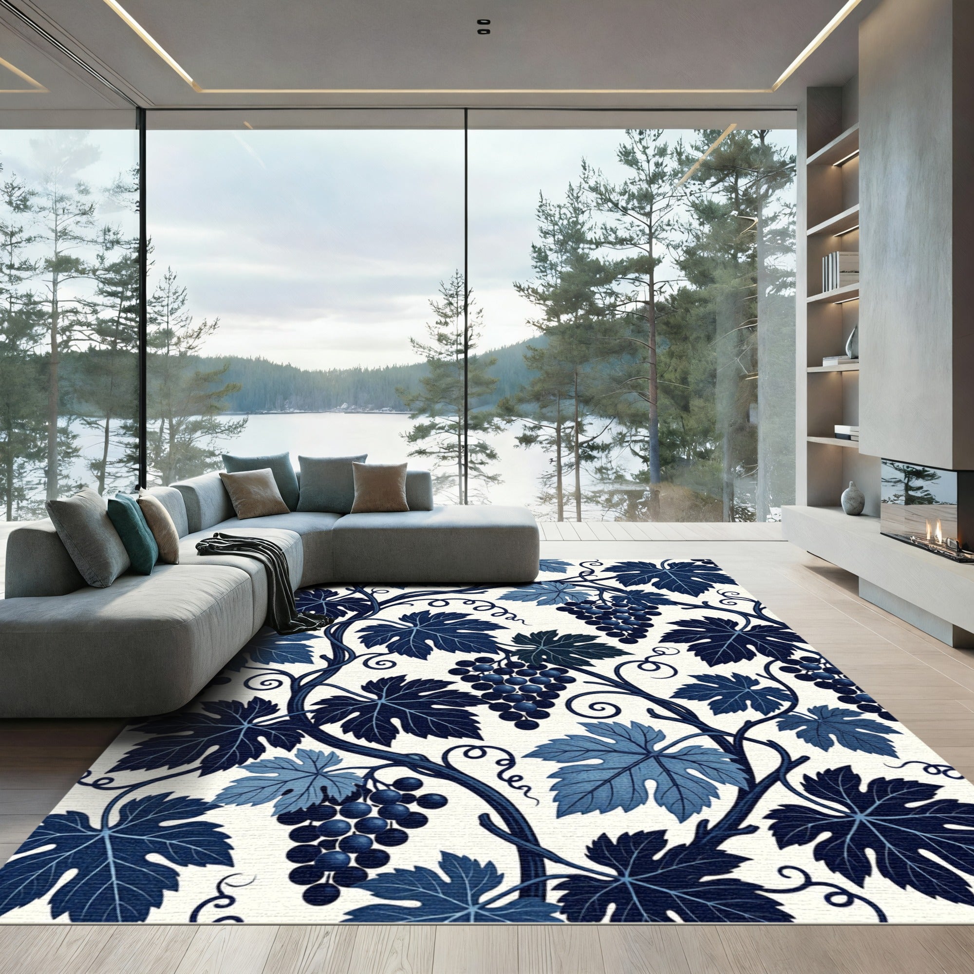 Deep Blue Grapevine Leaf Scroll Rug