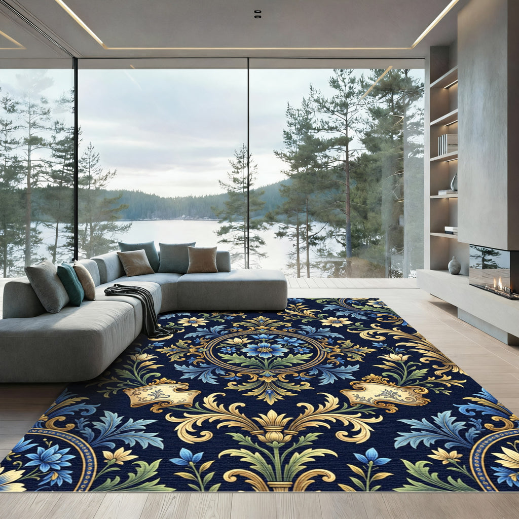 Ornate Blue and Gold Floral Damask Rug