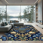 Ornate Blue and Gold Floral Damask Rug