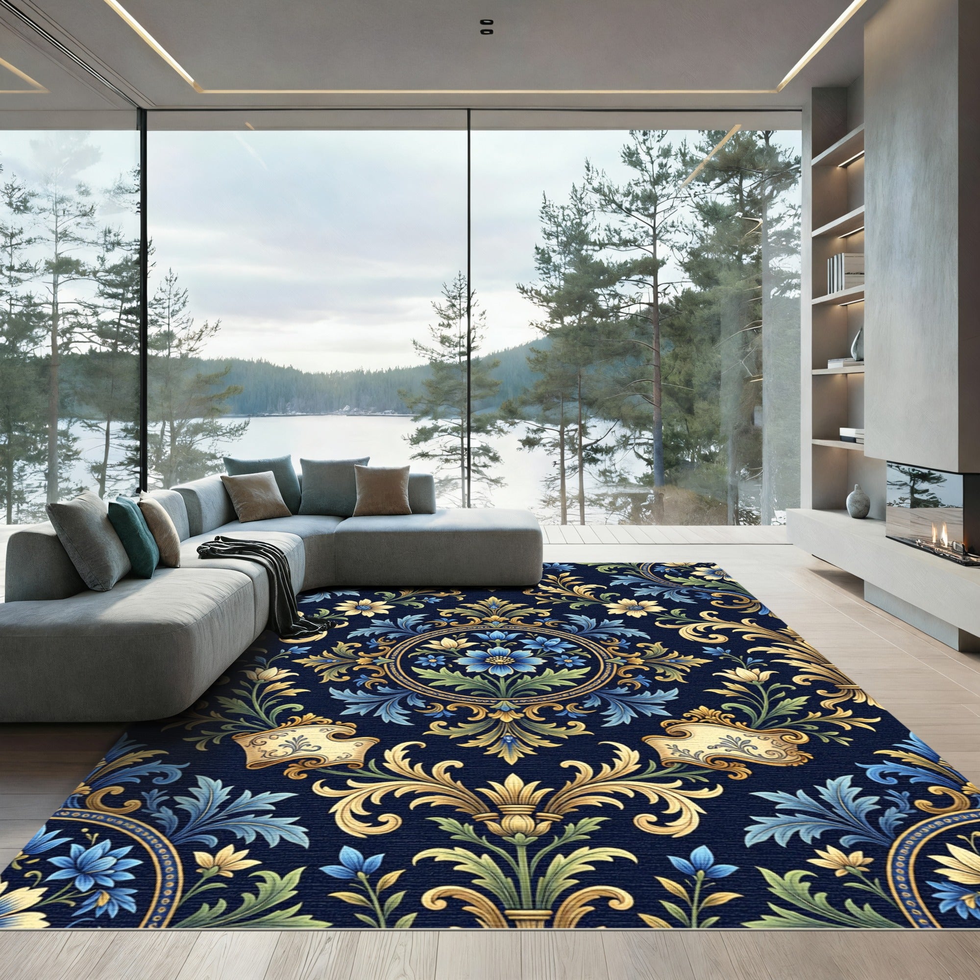 Ornate Blue and Gold Floral Damask Rug