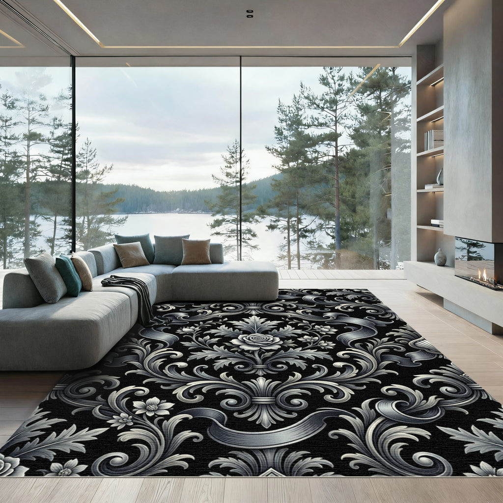 Ornate Silver Floral Scroll Lament Rug