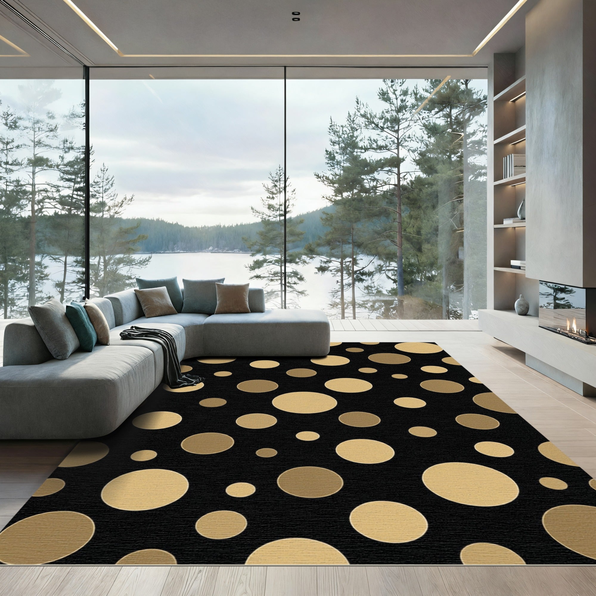Golden Dot Cluster Black Rug