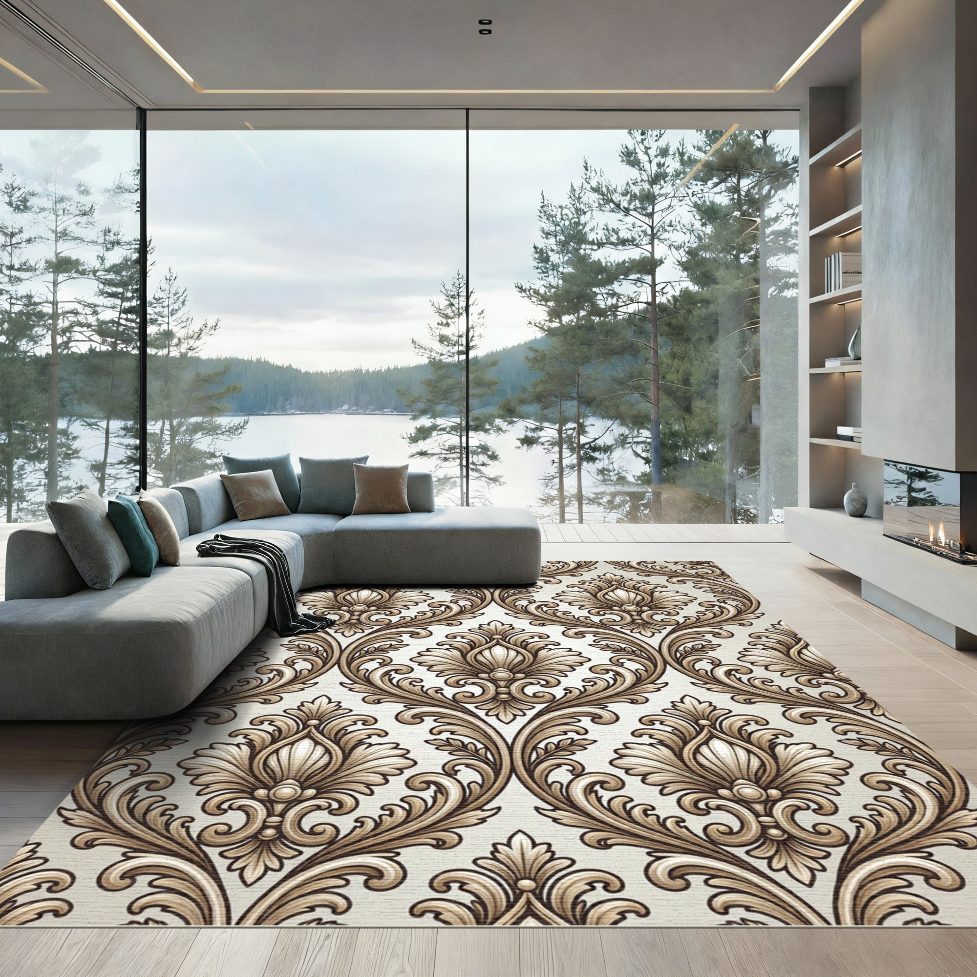Elegant Cream Baroque Scroll Rug