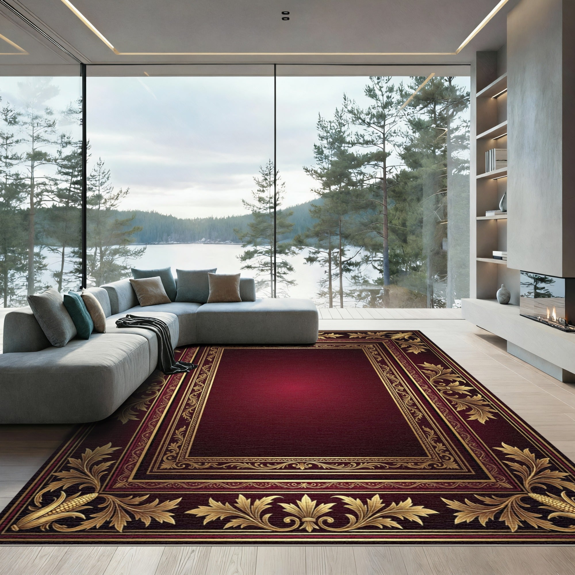 Ornate Gold Filigree Burgundy Border Rug