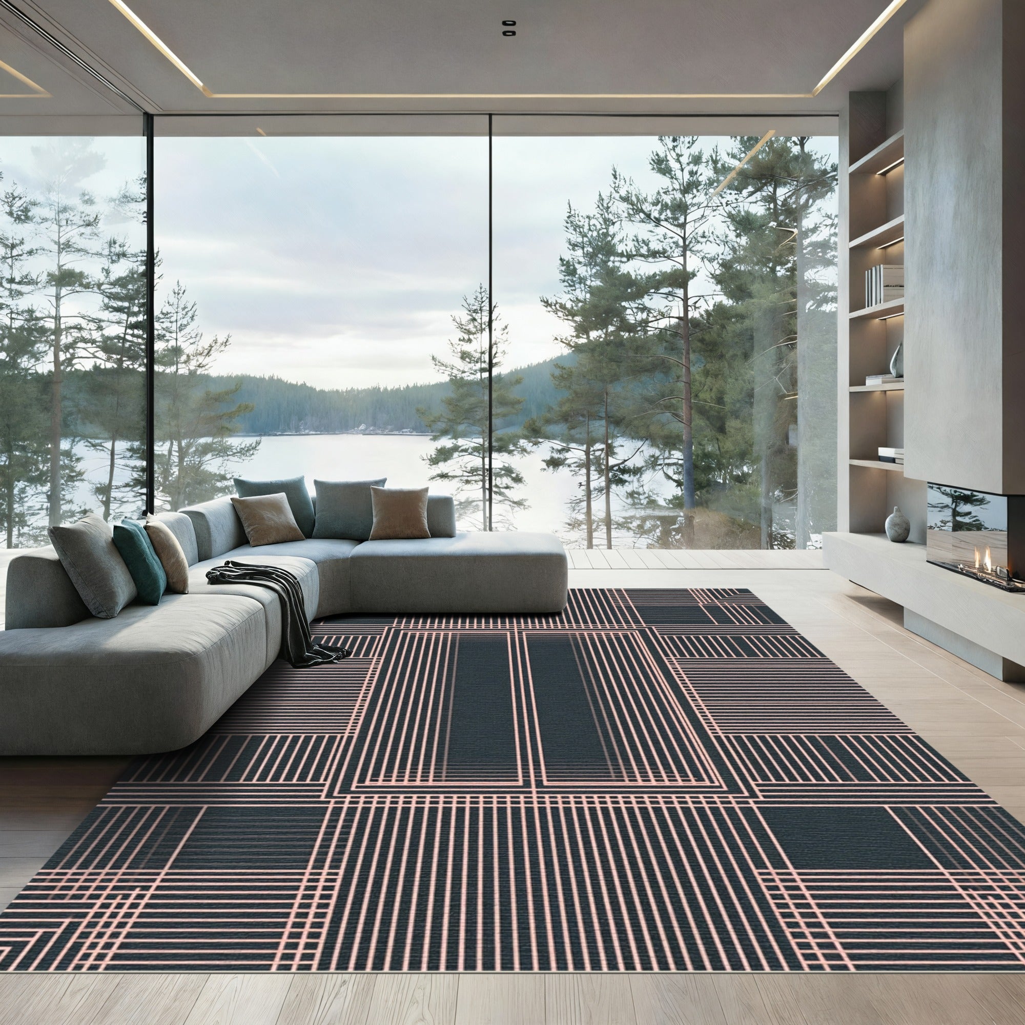 Pale Pink Linear Window Grid Rug