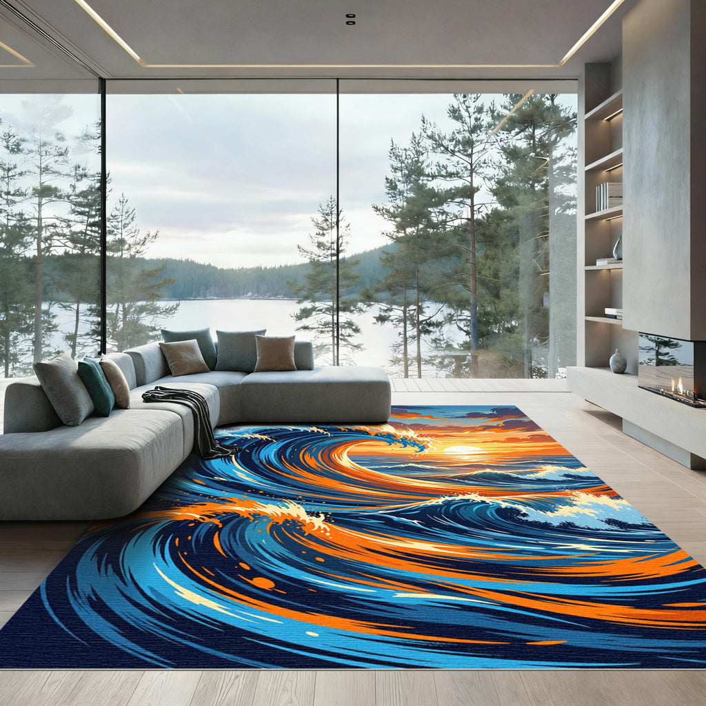 Vibrant Sunset Ocean Wave Abstract Rug