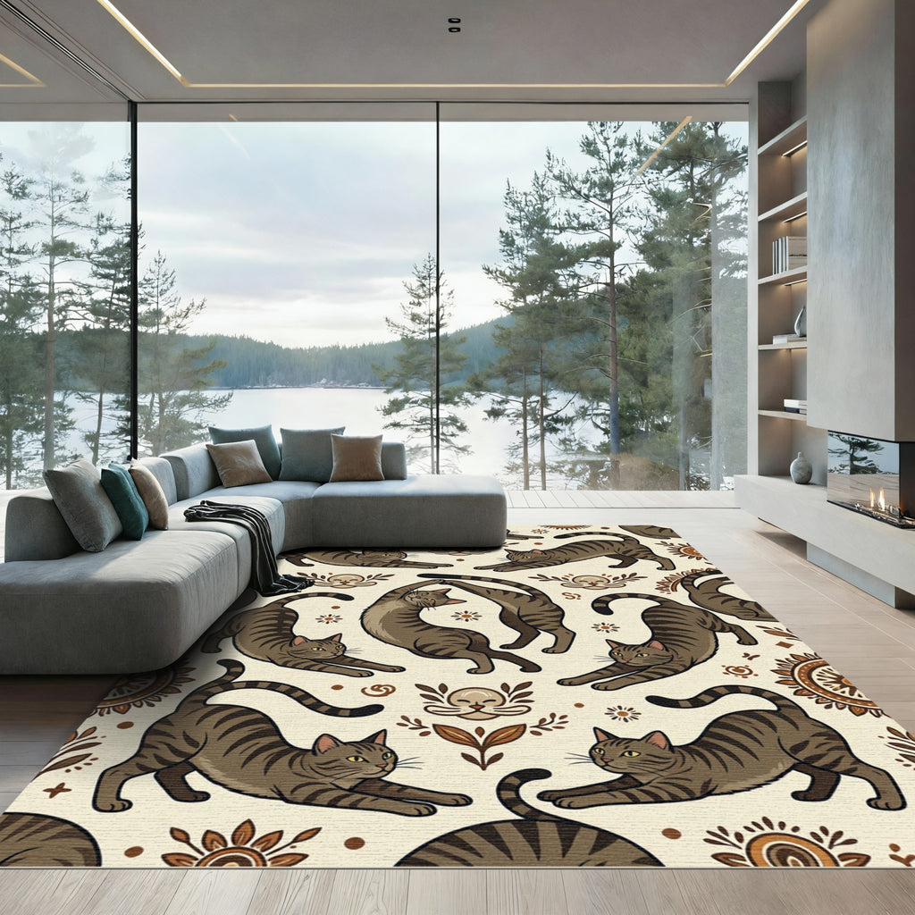 Whimsical Brown Tabby Cat Earthy Medallion Rug