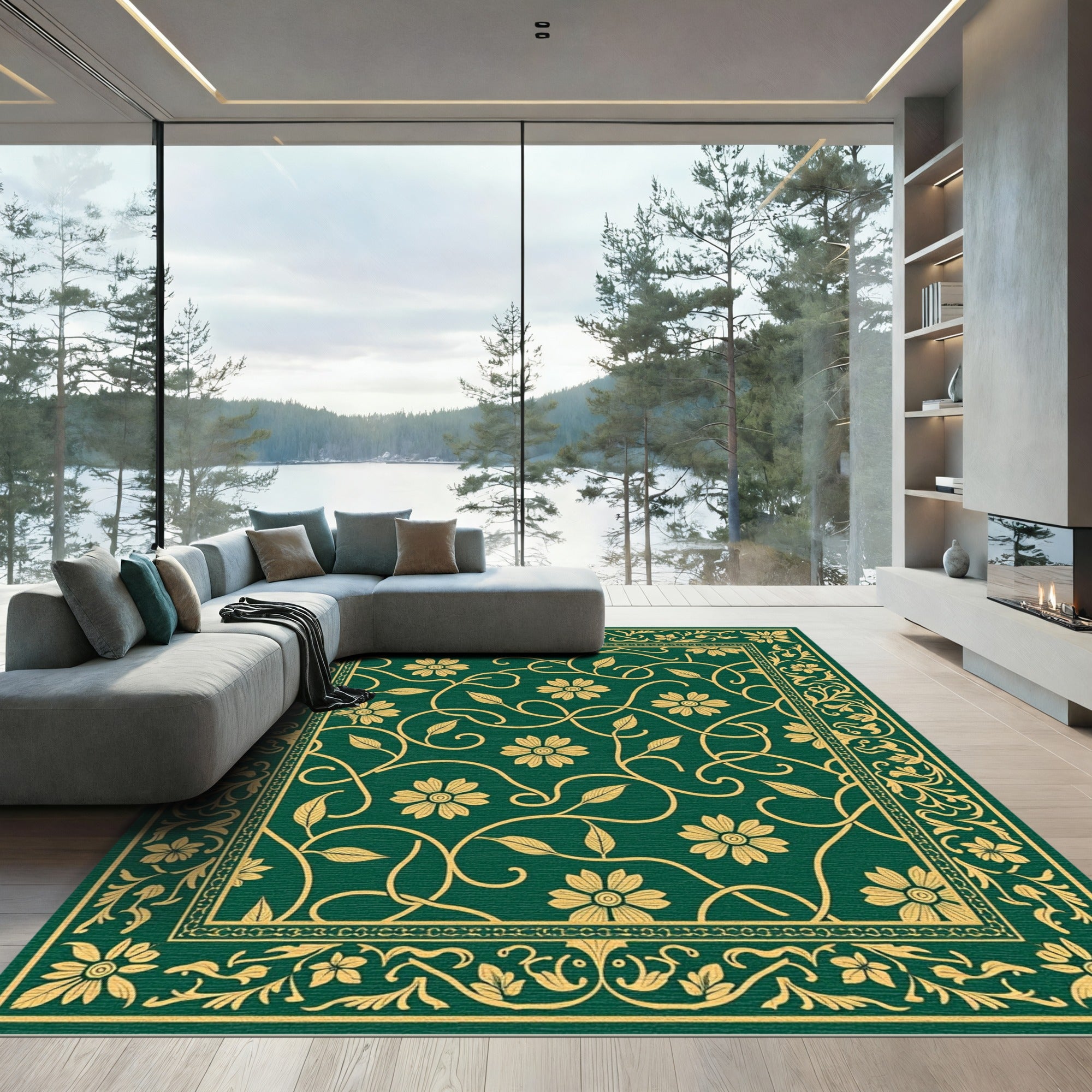 Emerald Floral Vine Border Rug