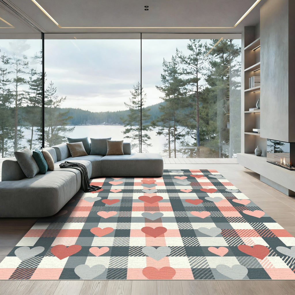 Blush and Charcoal Plaid Heart Rug