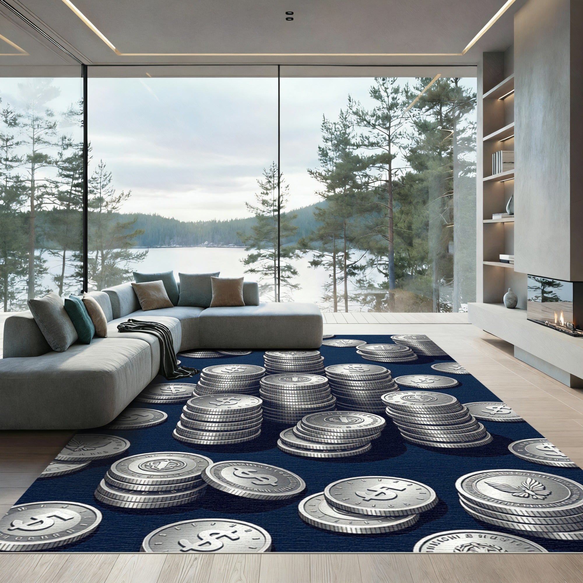Metallic Silver Coin Stacks Rug