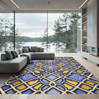 Golden Azure Geometric Lattice Interlocking Tile Rug