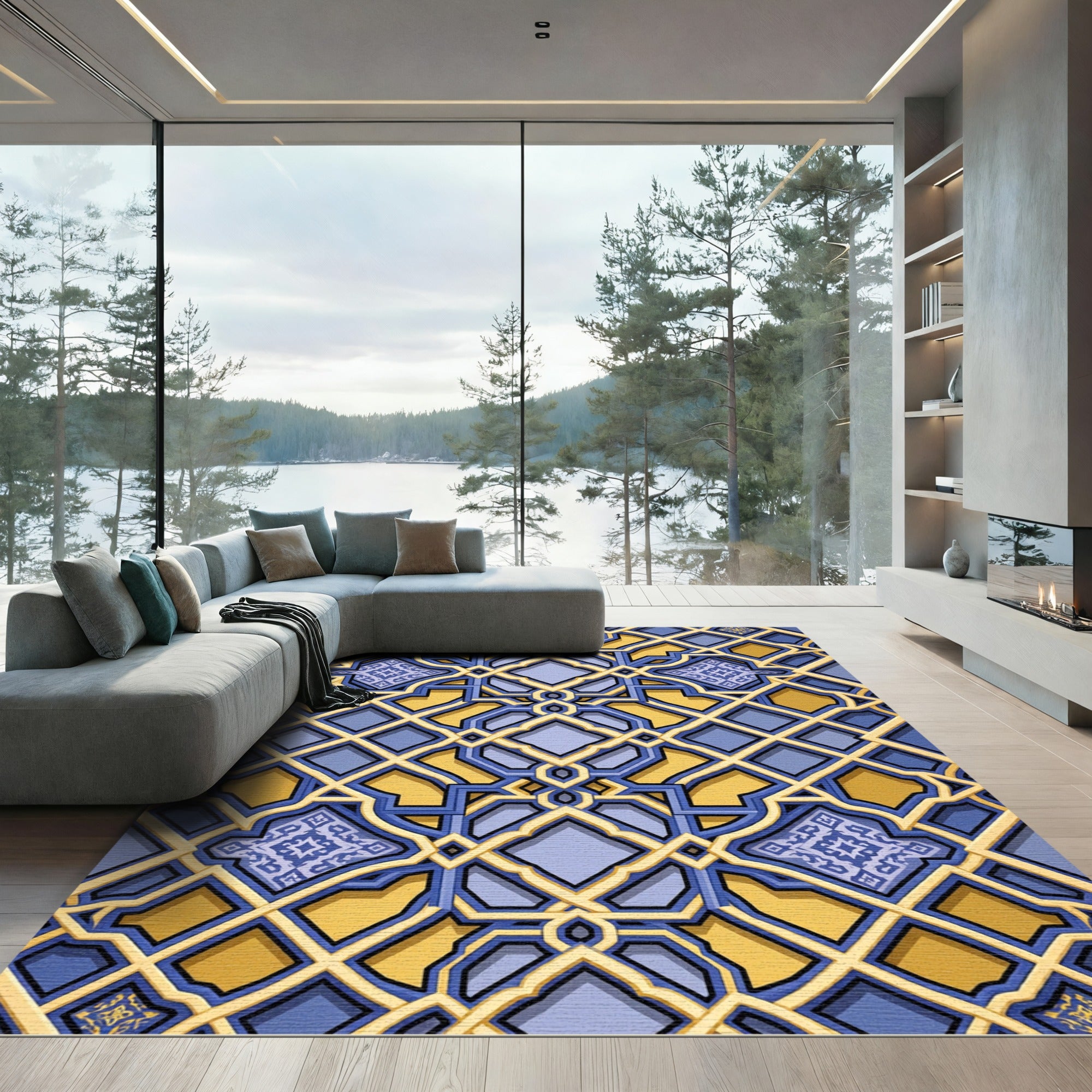 Golden Azure Geometric Lattice Interlocking Tile Rug