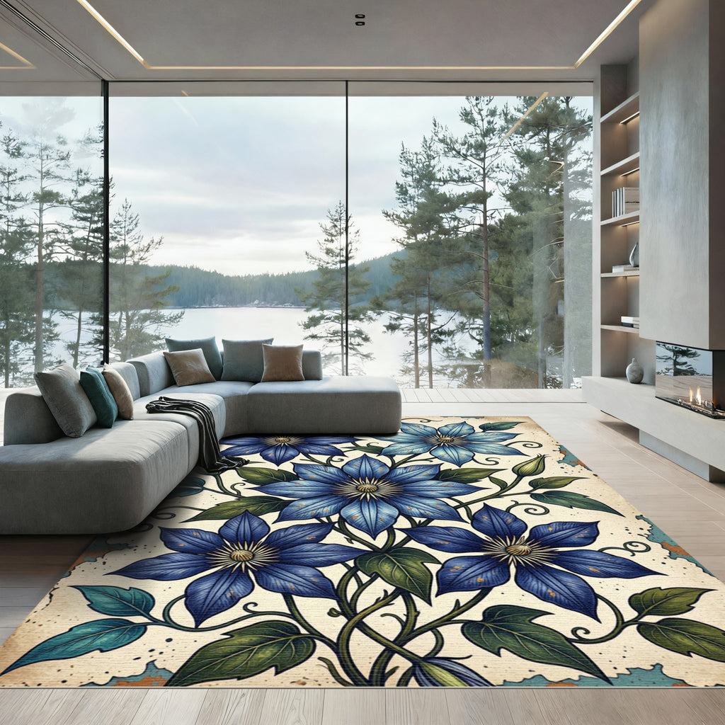 Antique Blue Clematis Floral Botanical Illustration Rug