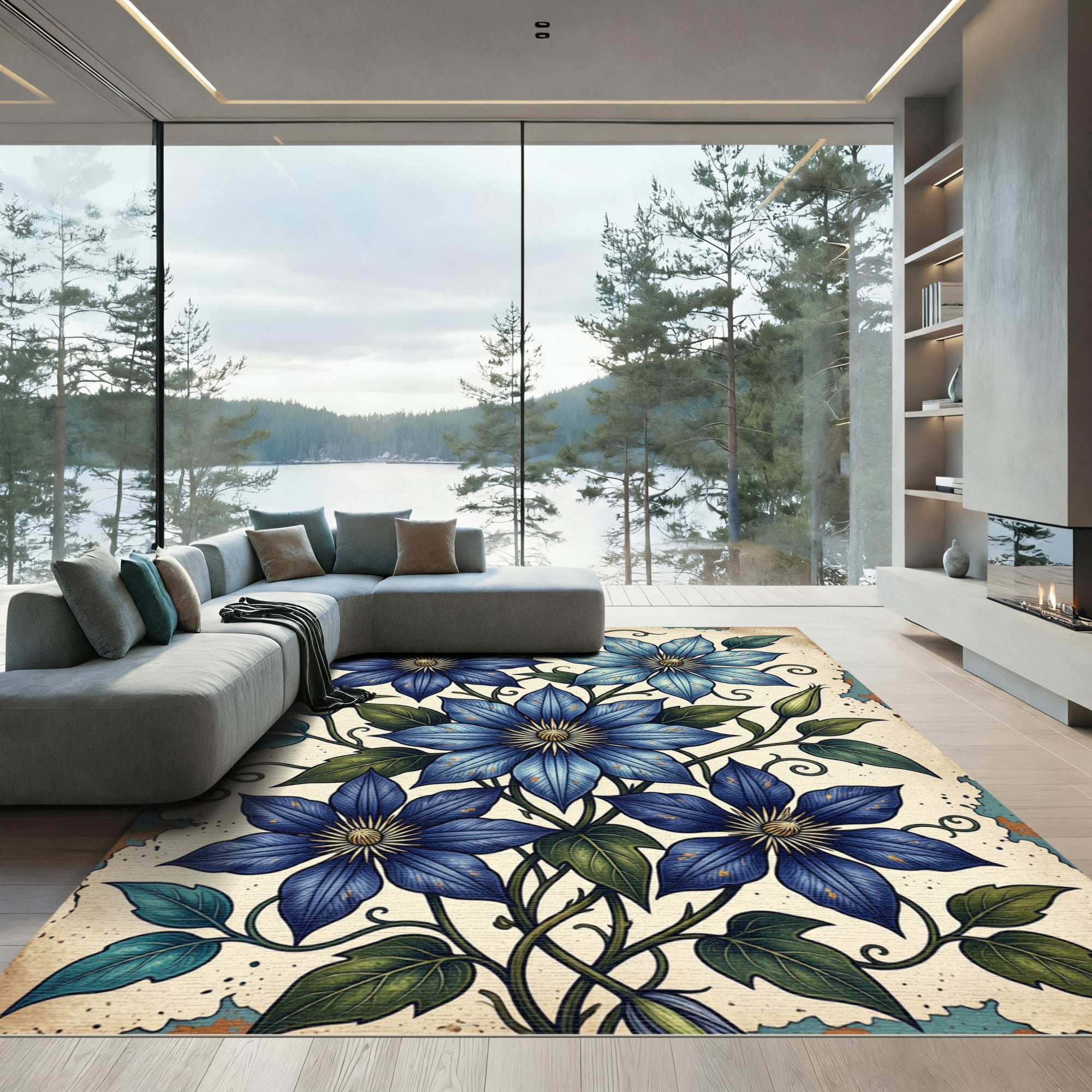 Antique Blue Clematis Floral Botanical Illustration Rug
