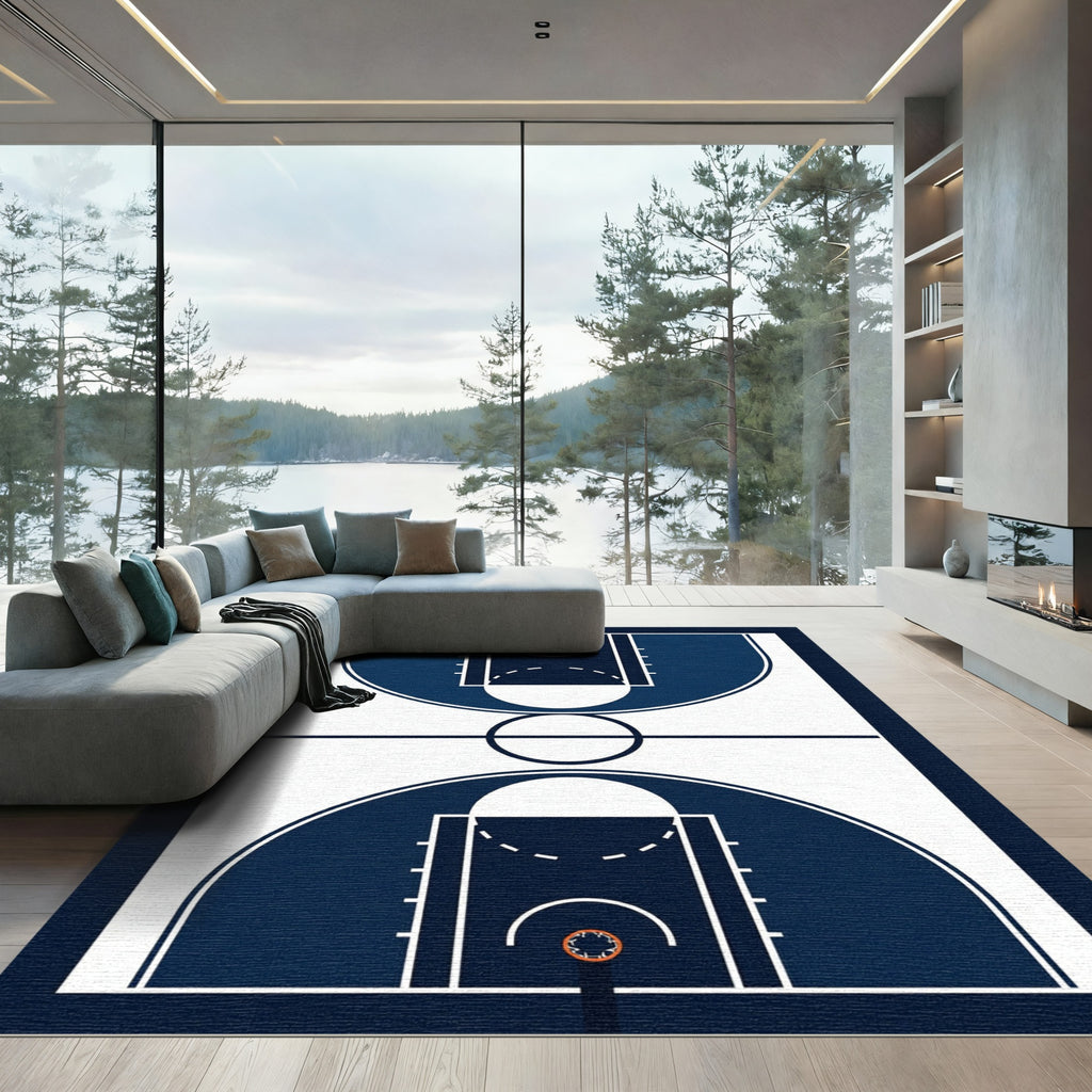 Minimalist Navy Blue Basketball Court Graphic Rug