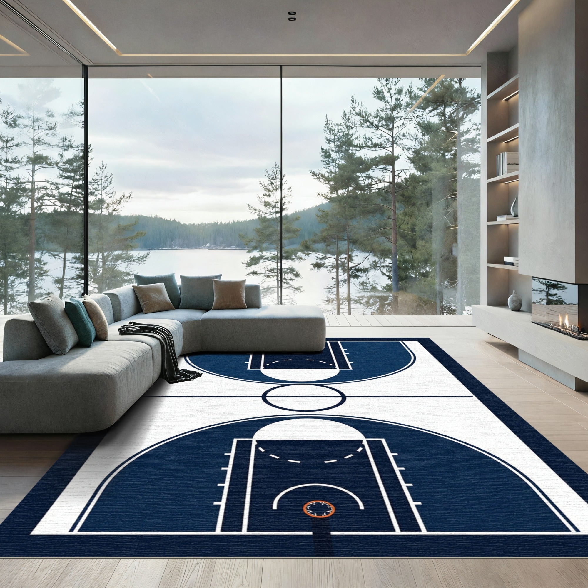 Minimalist Navy Blue Basketball Court Graphic Rug