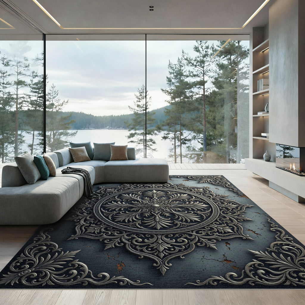 Ornate Silver Floral Medallion Charcoal Rug