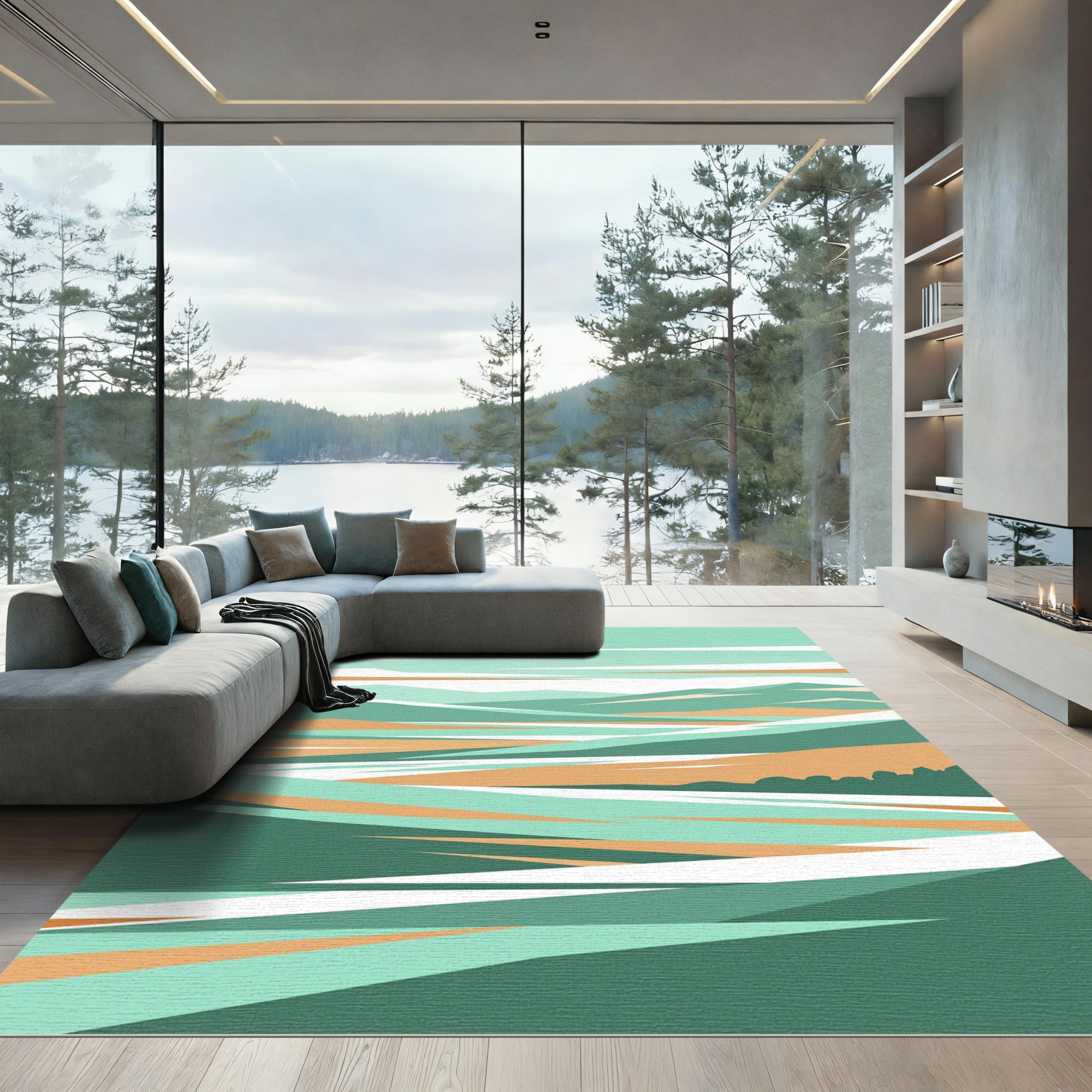 Modern Sage and Ochre Layered Landscape Rug