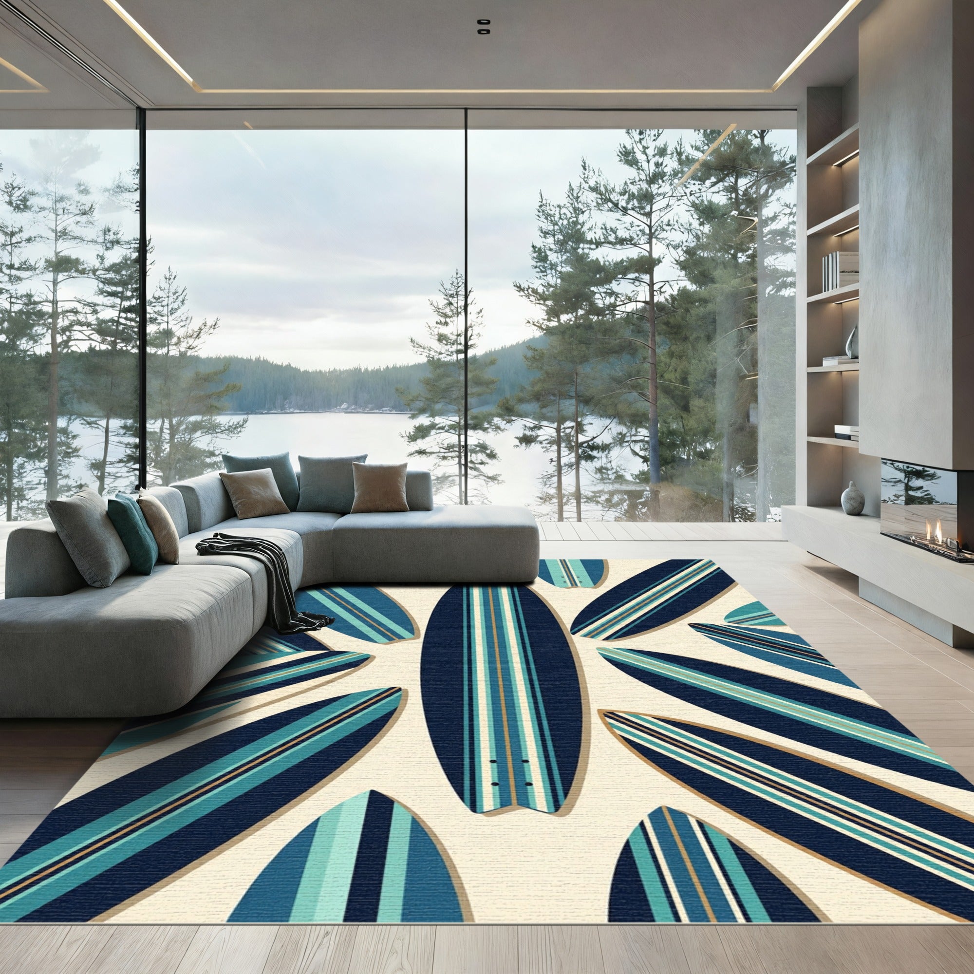 Coastal Blue Striped Surfboard Composition Rug