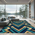 Modern Abstract Teal and Gold Chevron Rug