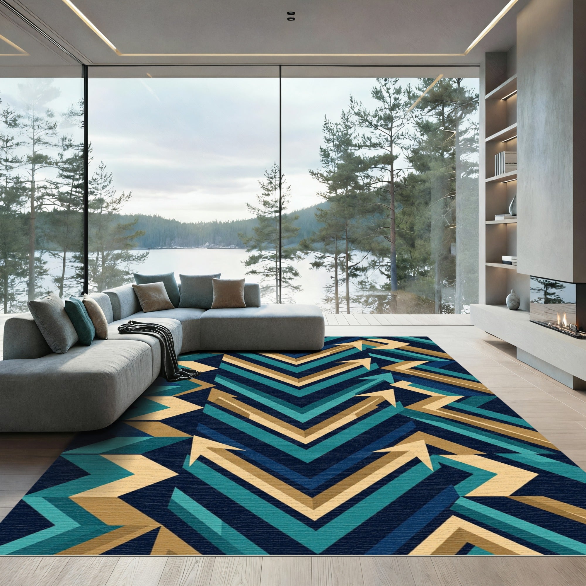 Modern Abstract Teal and Gold Chevron Rug