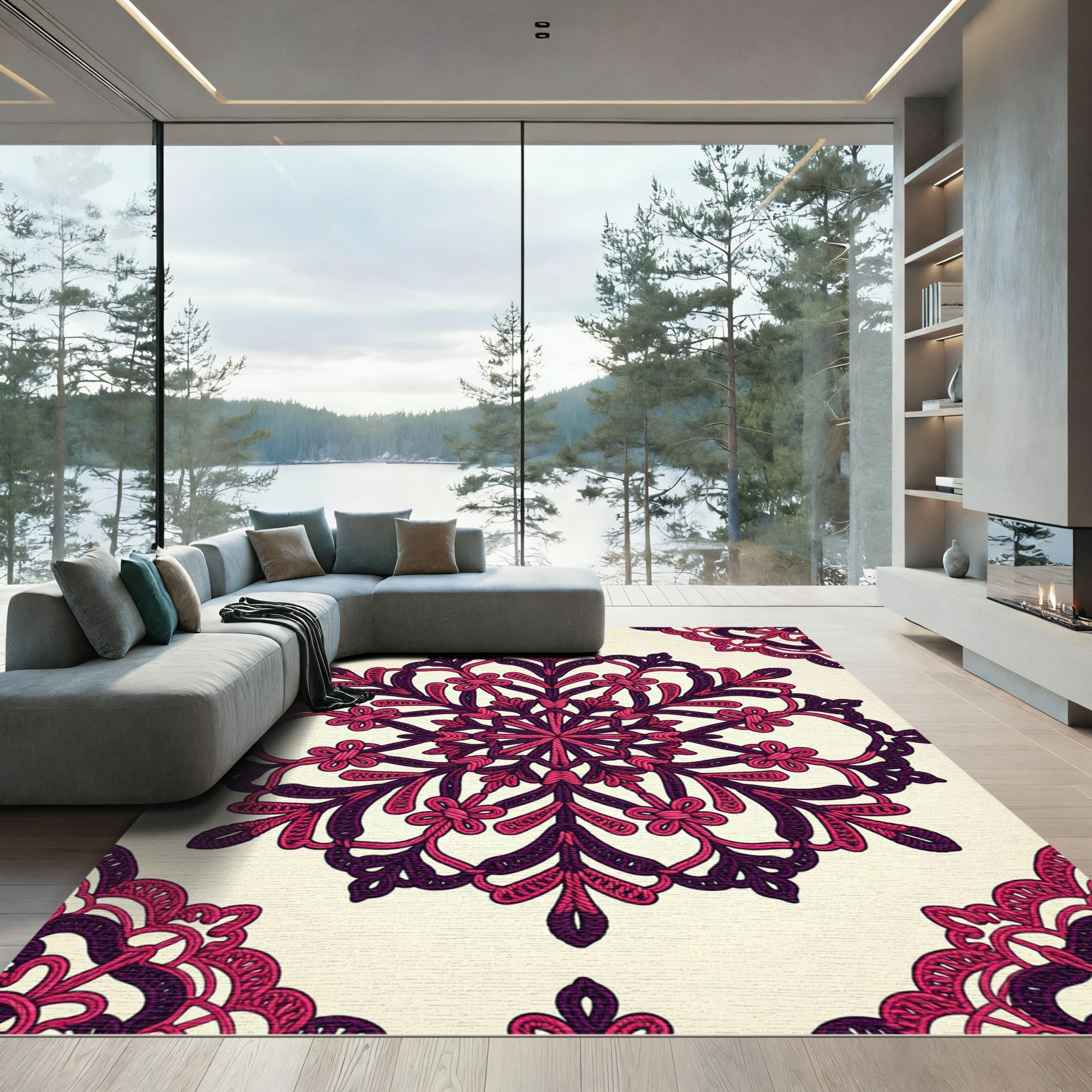 Fuchsia Crimson Lace Mandala Round Rug