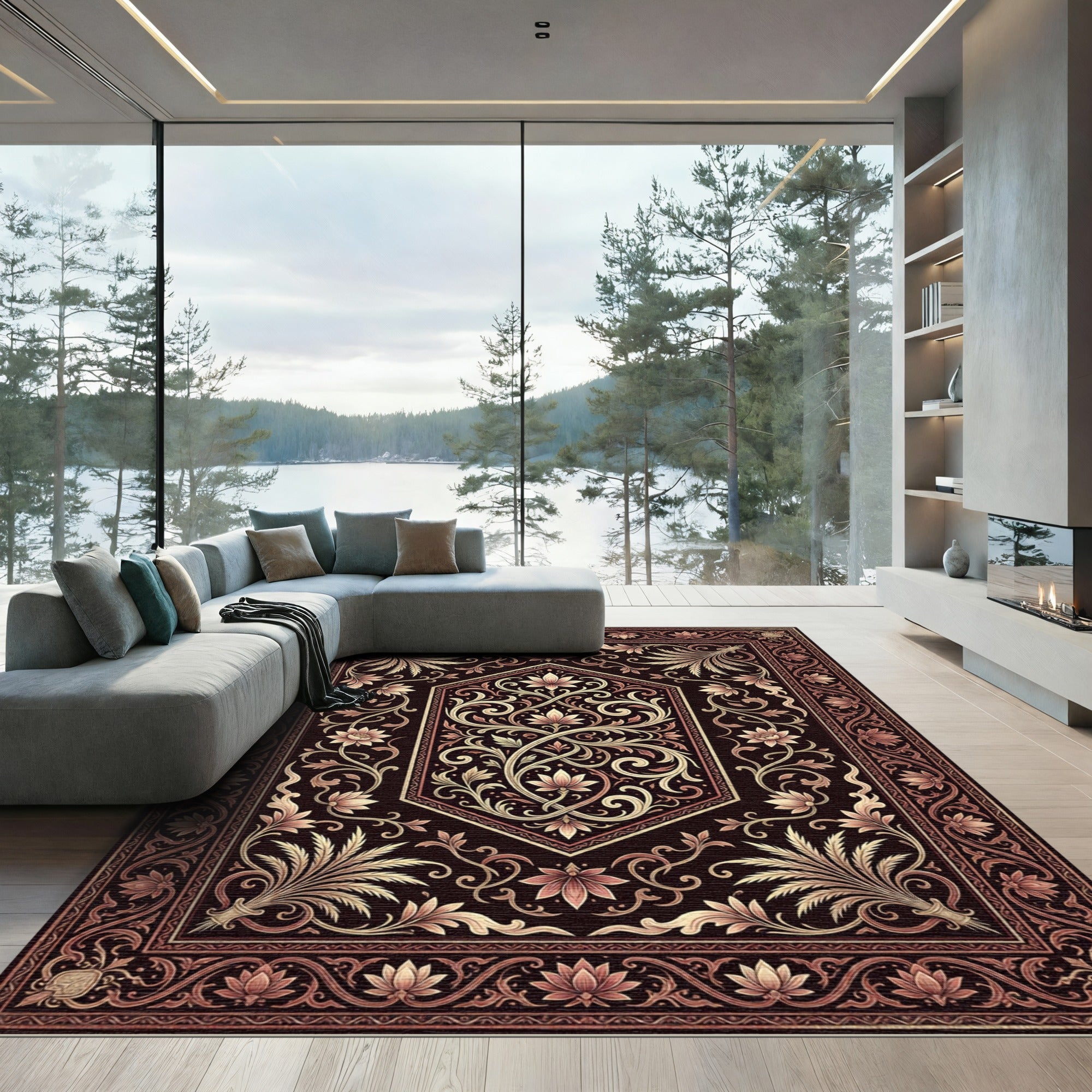 Dark Burgundy Floral Vine Medallion Rug
