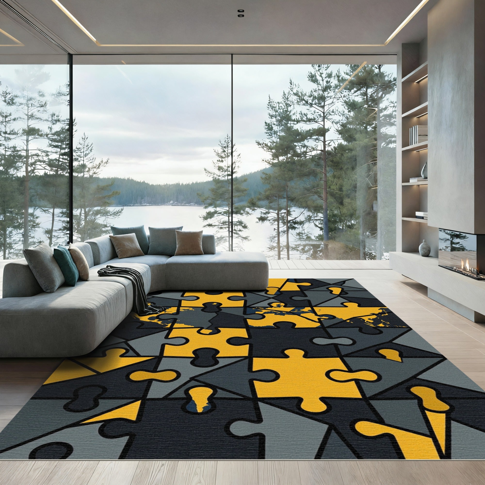 Abstract Yellow Gray Puzzle Map Rug
