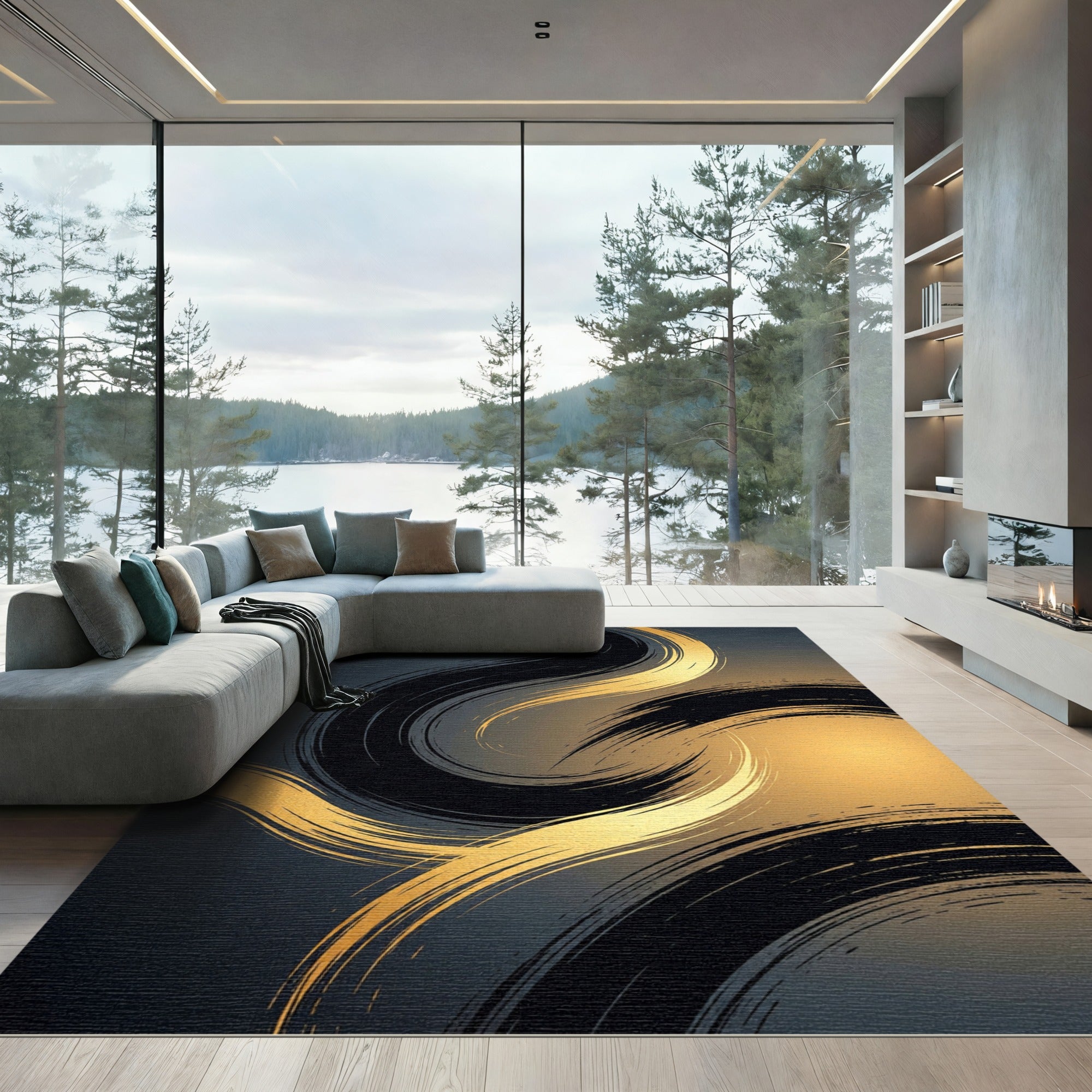 Abstract Golden Swirl Brush Stroke Rug