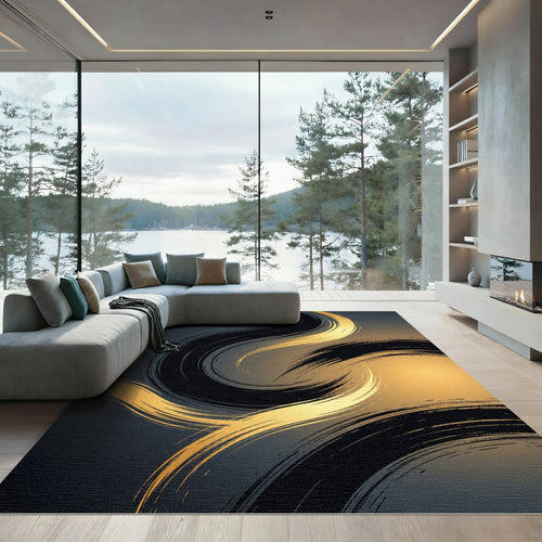 Abstract Golden Swirl Brush Stroke Rug