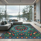 Teal Floral Medallion Carnation Garden Rug
