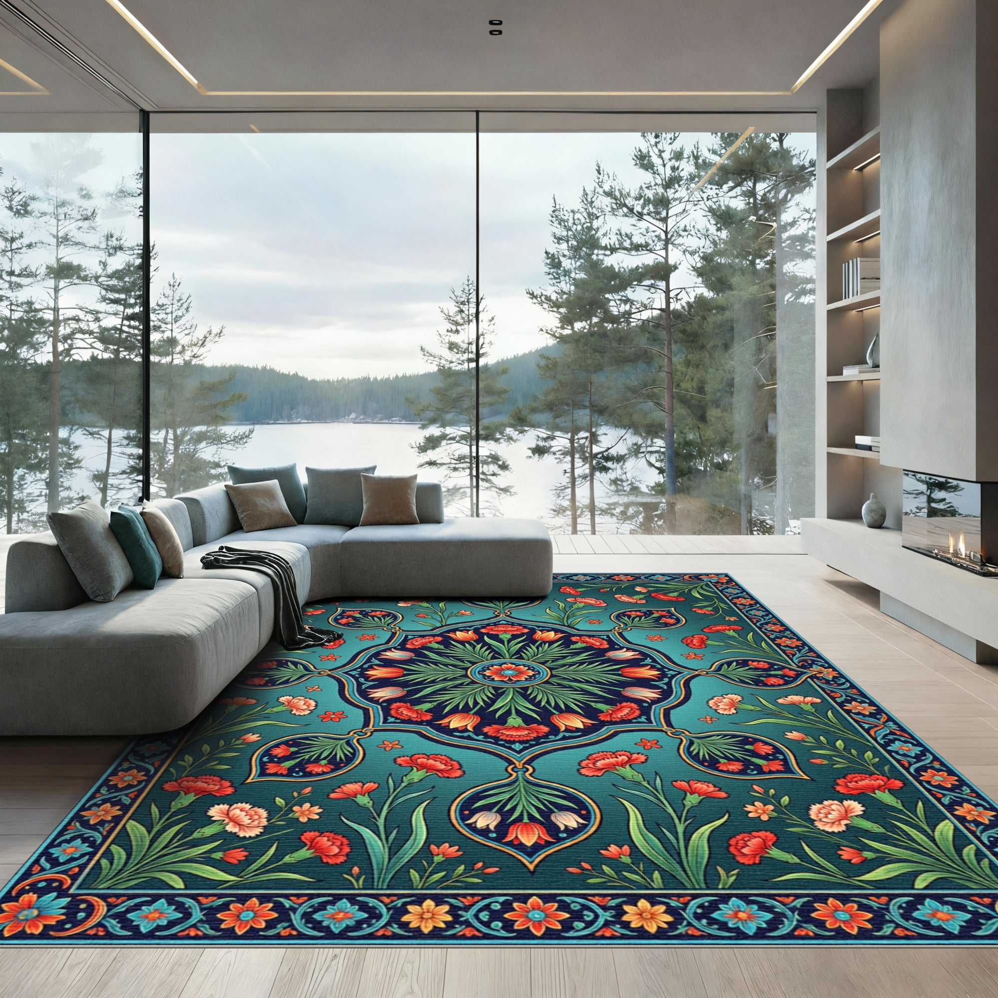 Teal Floral Medallion Carnation Garden Rug