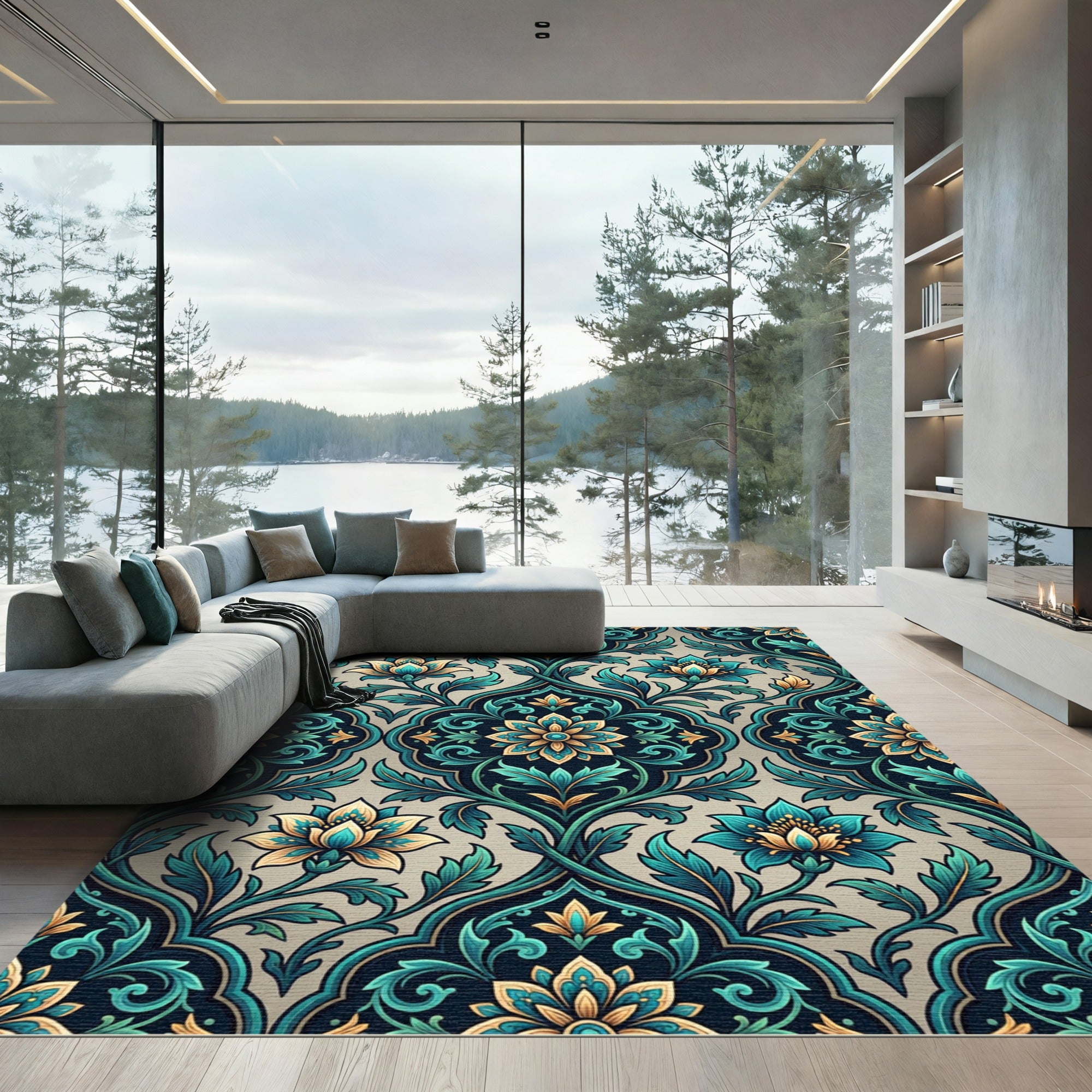 Teal and Gold Botanical Medallion Damask Rug