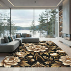 Elegant Golden Peony Floral Black Art Rug