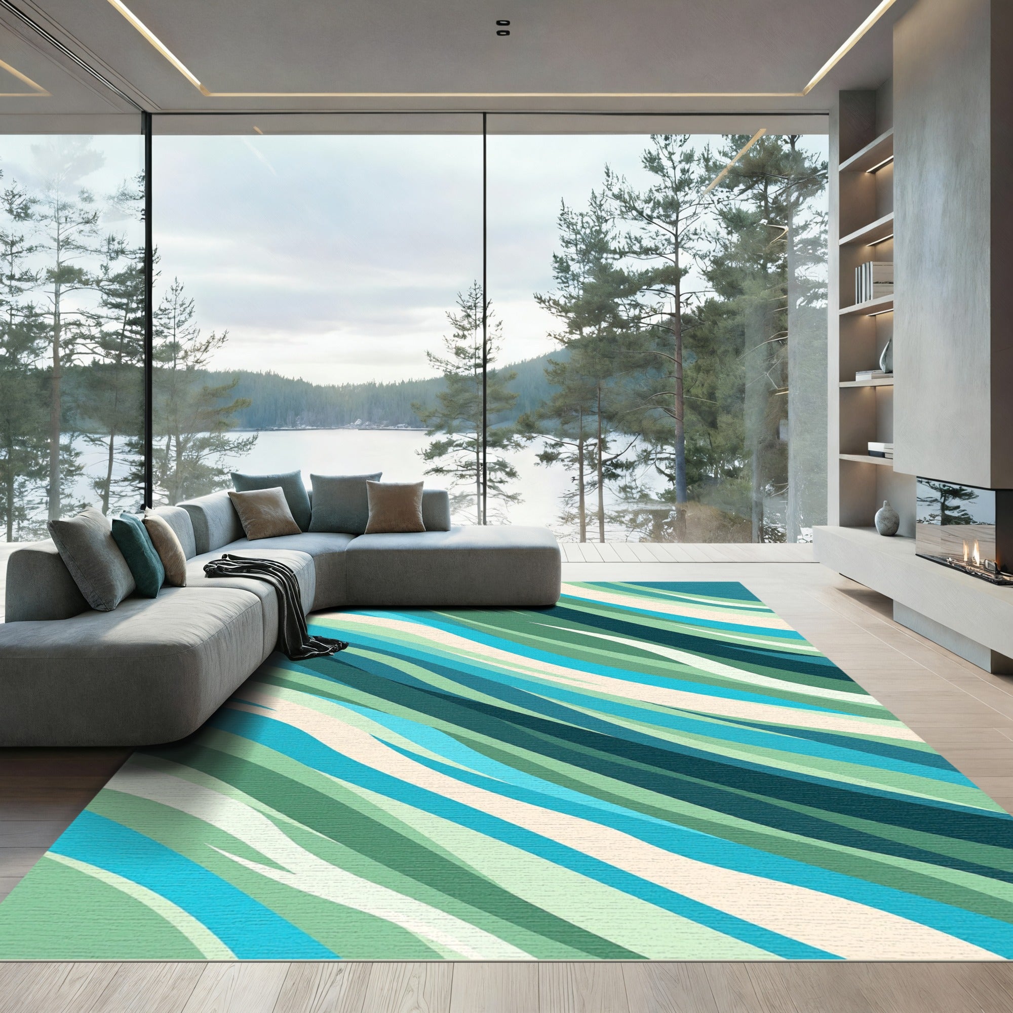 Modern Teal and Sage Wave Abstract Rug