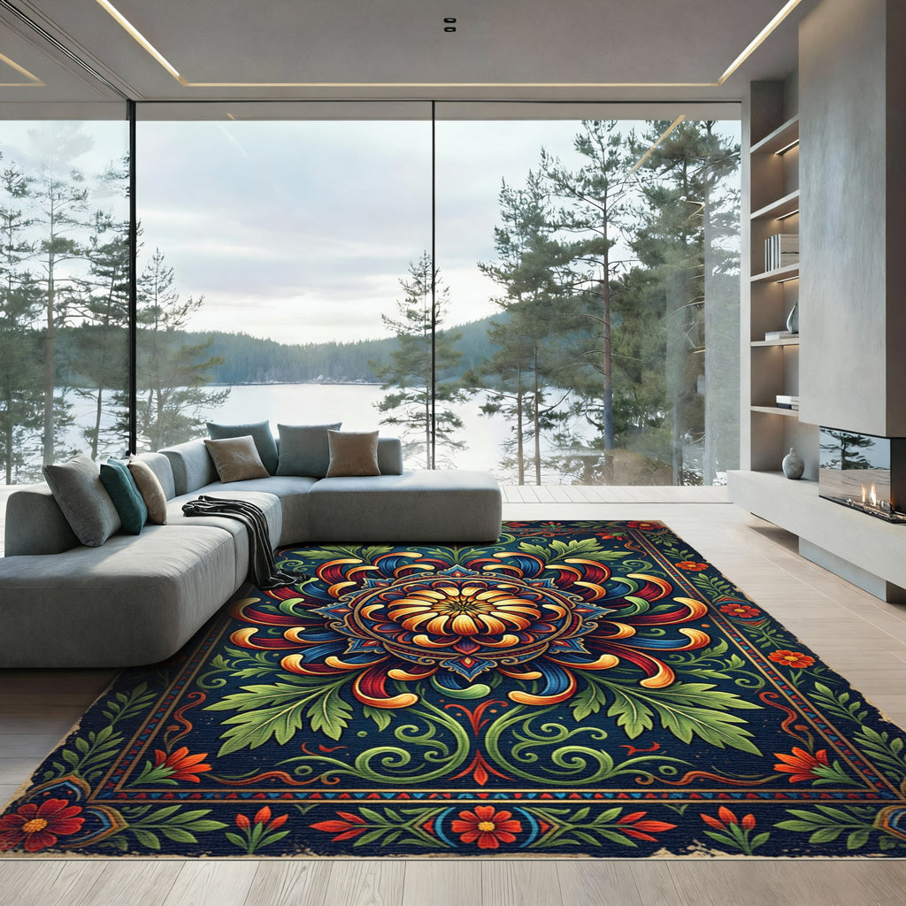 Vibrant Navy Floral Mandala Accent Rug