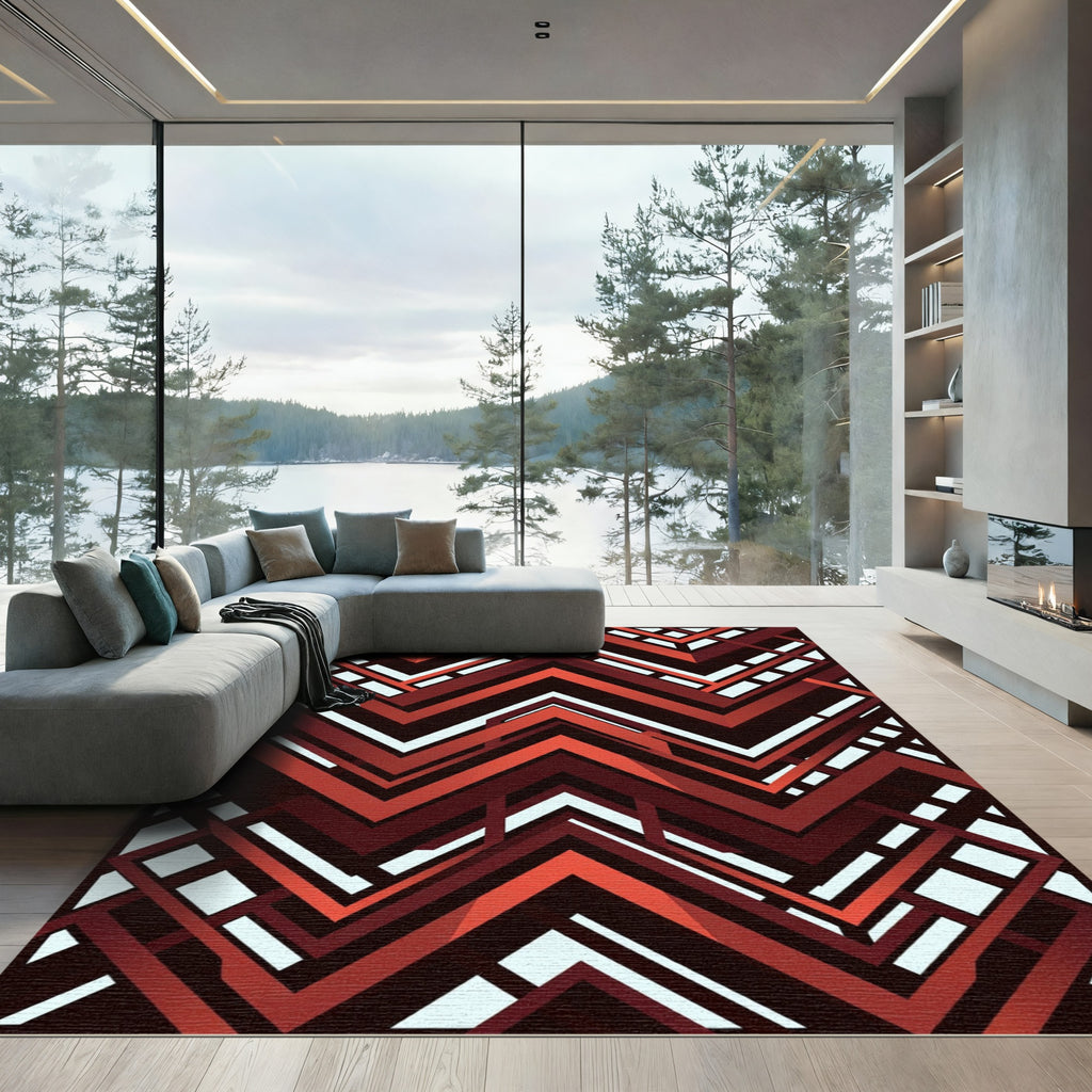 Bold Crimson Geometric Chevron Abstract Rug