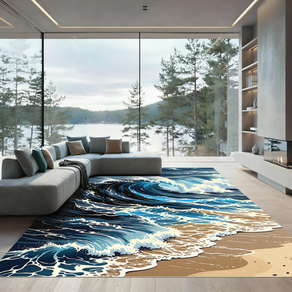 Dynamic Navy Ocean Wave Crest Rug