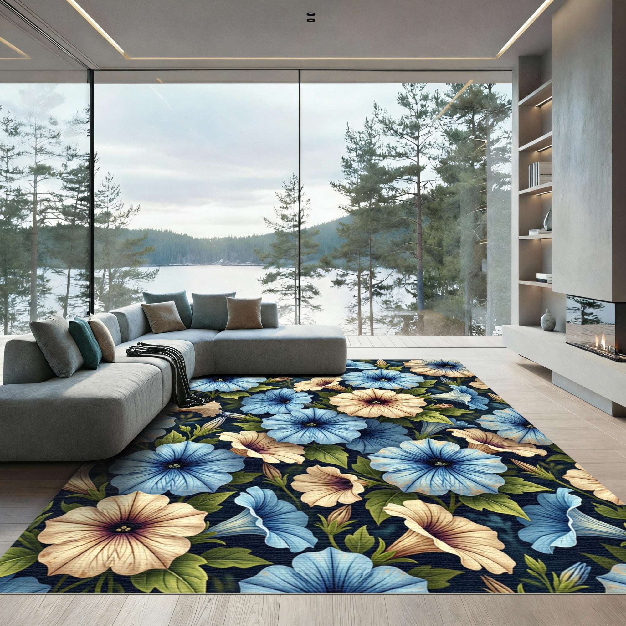 Vibrant Blue Cream Floral Garden Rug