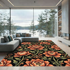 Elegant Peach Peony Botanical Black Rug