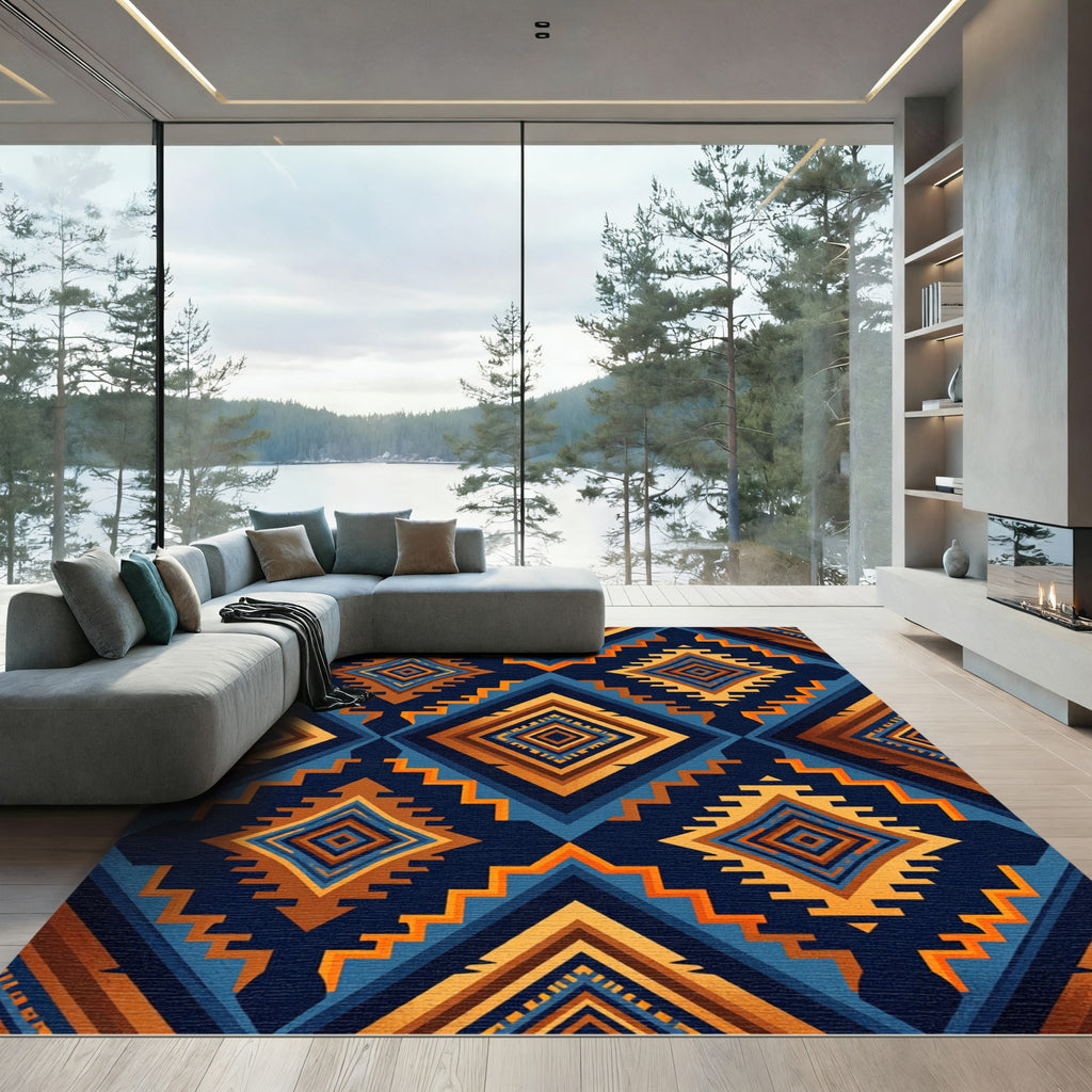 Bold Geometric Diamond Blue Orange Rug