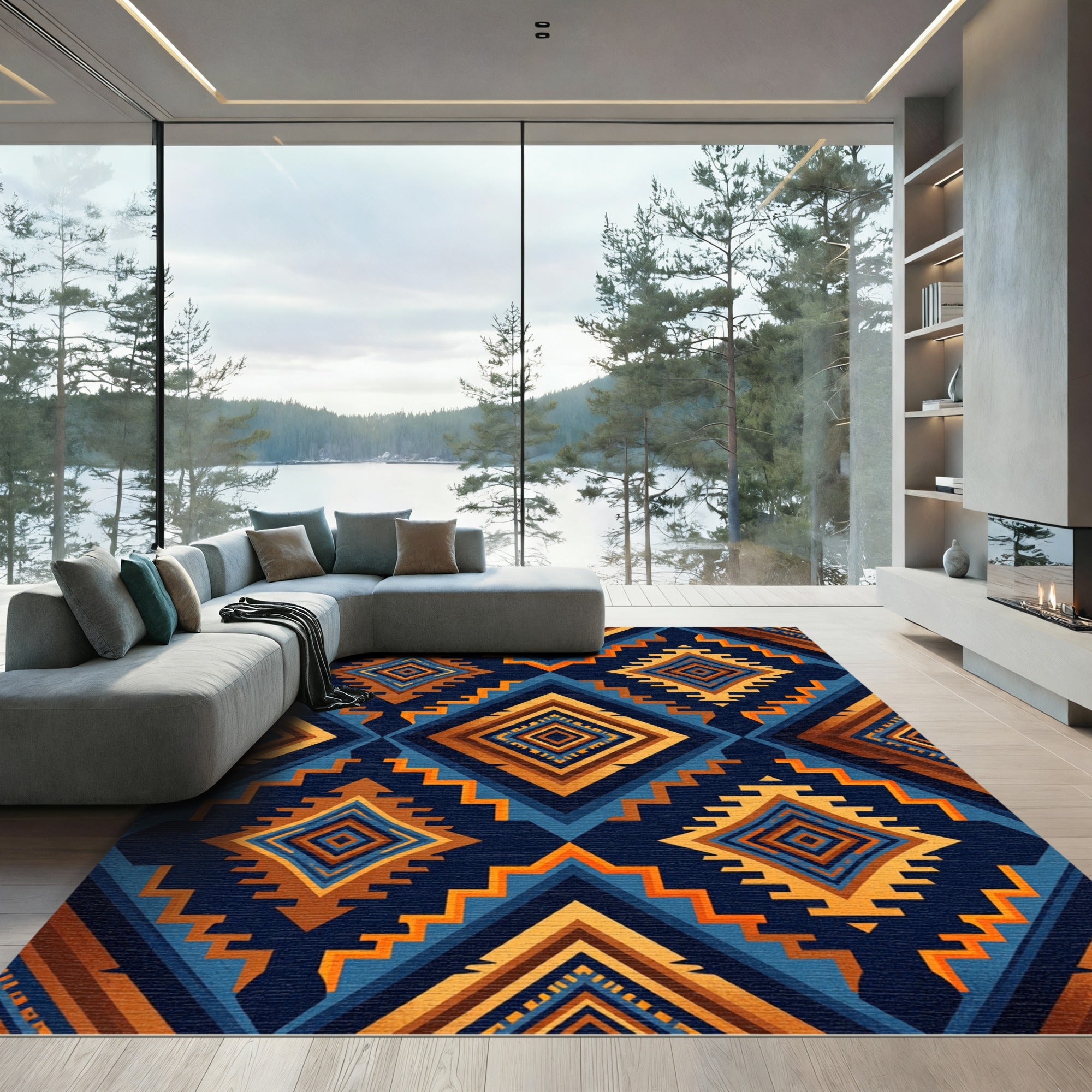 Bold Geometric Diamond Blue Orange Rug