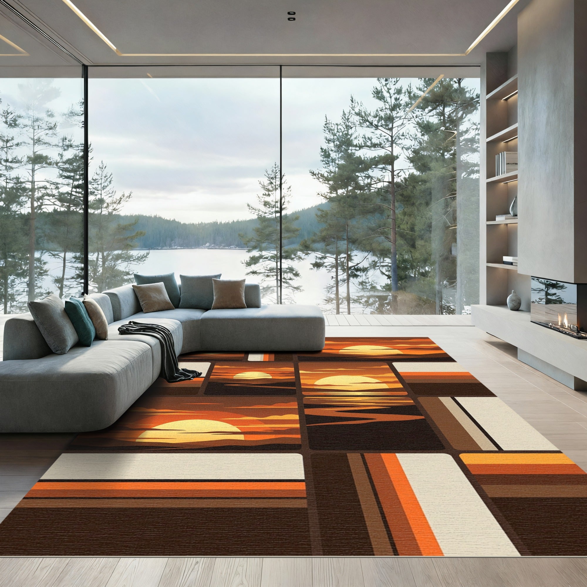 Geometric Sunset Grid Warm Earth Tones Rug